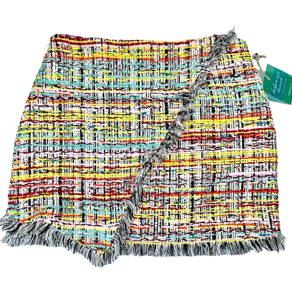 Forever 21 Twill Woven Multicolor Rainbow Mini Skirt Fringe Accents Sz Small NWT